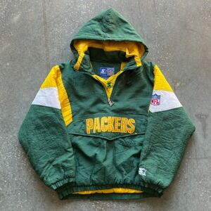 Vintage Starter Green Bay Packers NFL Puffer Jacket Mens Medium Half Zip Green